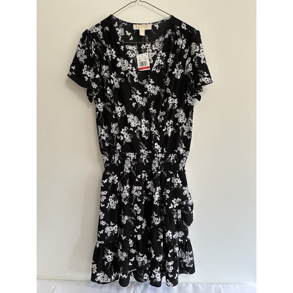 NWT Michael Michael Kors Womens Black Floral Fit & Flared Tiered Dress Size XS‎ - Picture 2 of 7